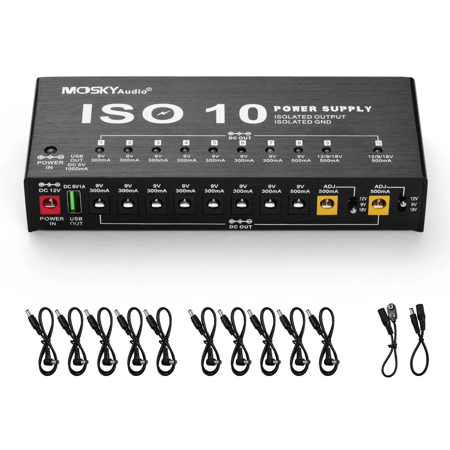 

MOSKY ISO-10 Portable Guitar Effect Power Supply Station 10 Isolated DC Outputs & One 5V USB Output for 9V 12V 18V
