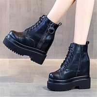 increasing height women black genuine leather platform wedge ankle boots punk goth high heel oxfords punk creeper shoes 34 39