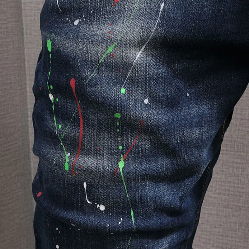 European American Street Style Fashion Men Jeans Retro Blue Slim Fit Painted Designer Jeans Men Hip Hop Cotton Denim Punk Pants