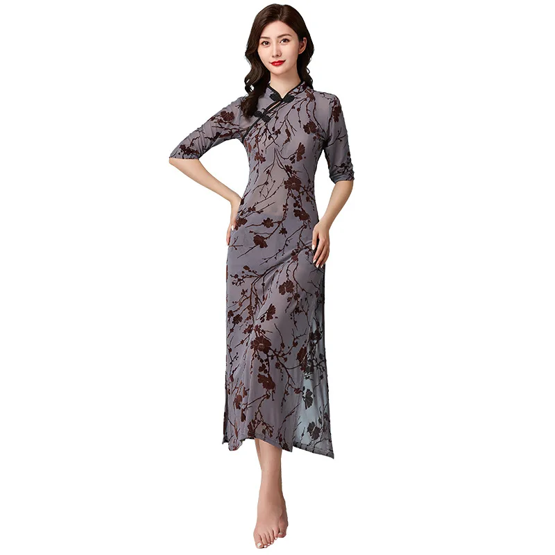 

Women Belly Modern Dance Dress Cheongsam Indian Dance Slim Retro Mesh Printing Sexy Perspective Dancewear Competition Practice