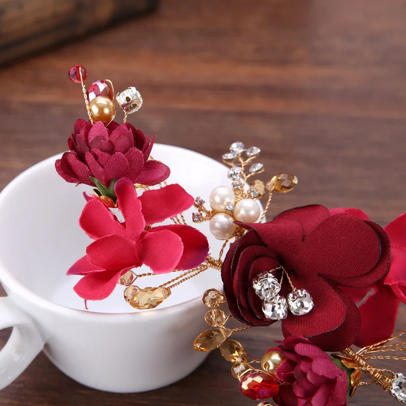 Red flowers wedding toast clothing accessories hair accessories hair accessories wholesale costume bride handmade headdress brid