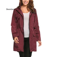 ladies plain rain jacket outdoor coat with pockets waterproof hooded raincoat windproof rain coat