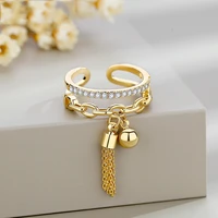 2022 new link chain tassel gold color ring zirconia with spike pendant charm fingure ring for women opening adjustable ring
