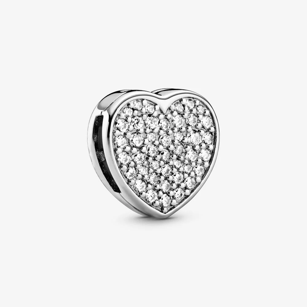 

2020 Valentine's Day 100% S925 Sterling Silver Beads Pave Heart Clip Charm Fit Original Pan Bracelets Diy Jewelry For Women