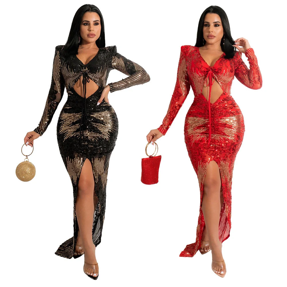 

Cutubly Christmas Party Dresses Luxury Sequins Drawstring Women Maxi Dress V Neck Hollow Out Sexy Streetwear Clothing High Split