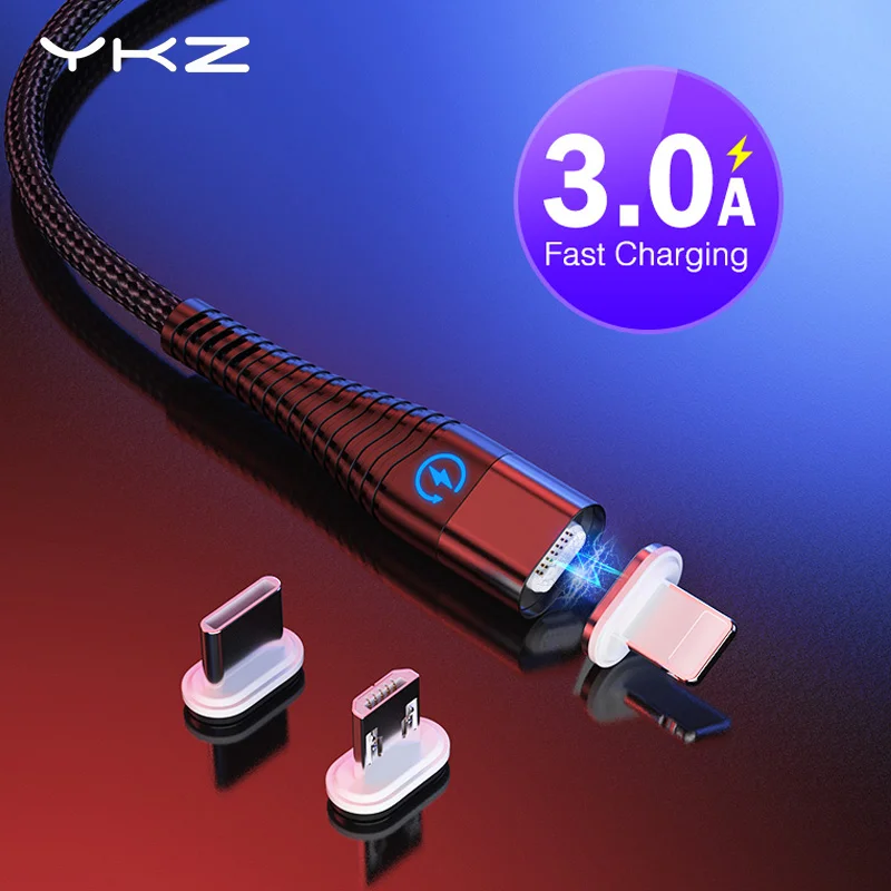 Магнитный кабель YKZ Micro USB для iPhone X Samsung Xiaomi 3A Быстрая зарядка Type C шнур провод