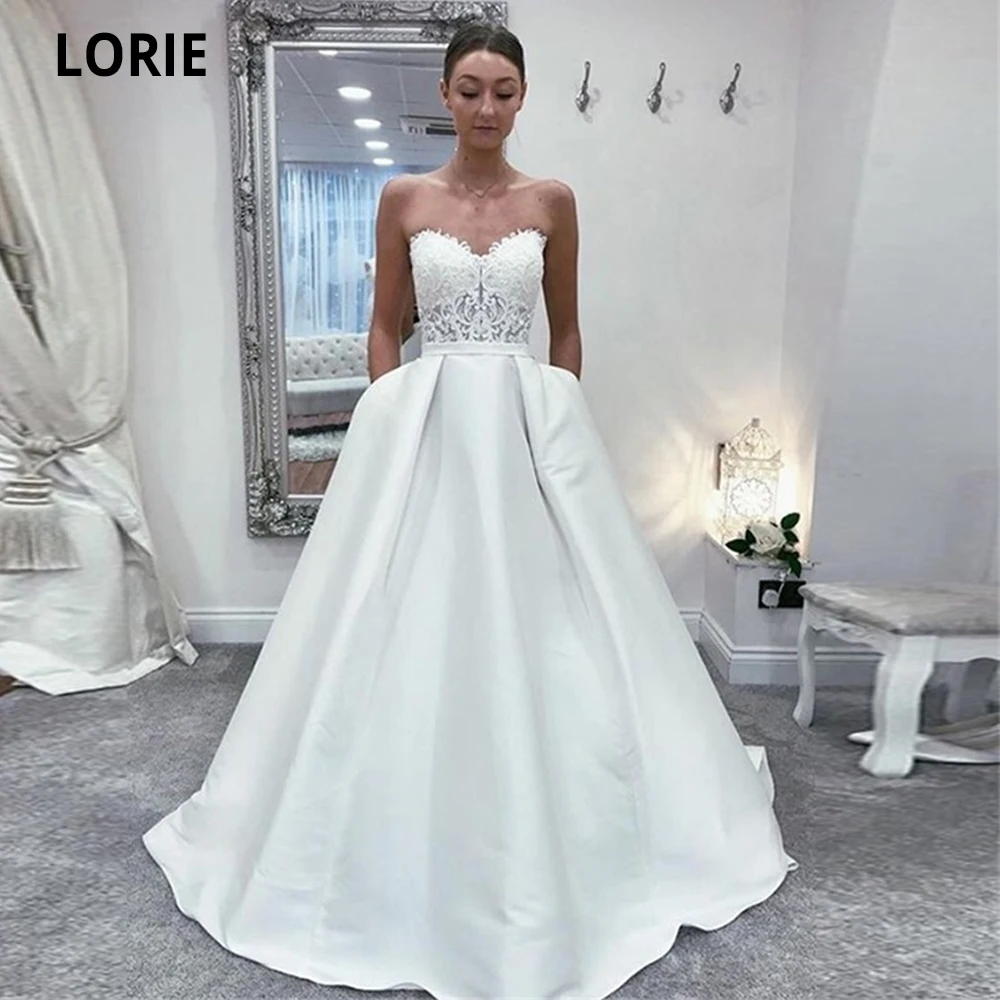

Свадебные платья LORIE без бретелек, кружевные атласные, без рукавов, с открытой спиной, Цвет Белый/цвет слоновой кости