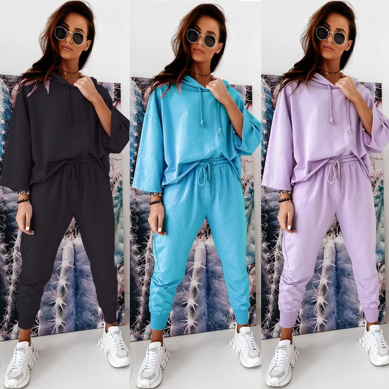 

Women's Casual 2020 Autumn Two-piece Set Hoodie Trousers Suit Elastic Home Gym Lace-up Wear Solid Color Loose Pants Sport Suits