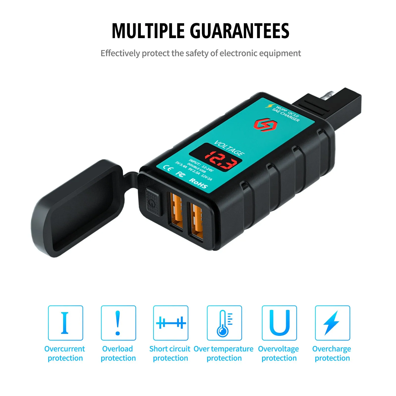 

Motorcycle Handlebar USB Charger With Voltmeter Button Switch Integrated SAE Socket Motorbike Dual USB Charger Accessories