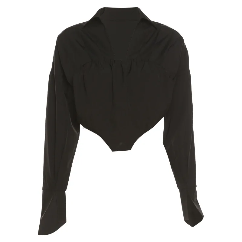 

2021 Autumn Women's Fashion Lapel Long Sleeve Short Open Navel Loose Black Solid Color T-shirt For Women Design New