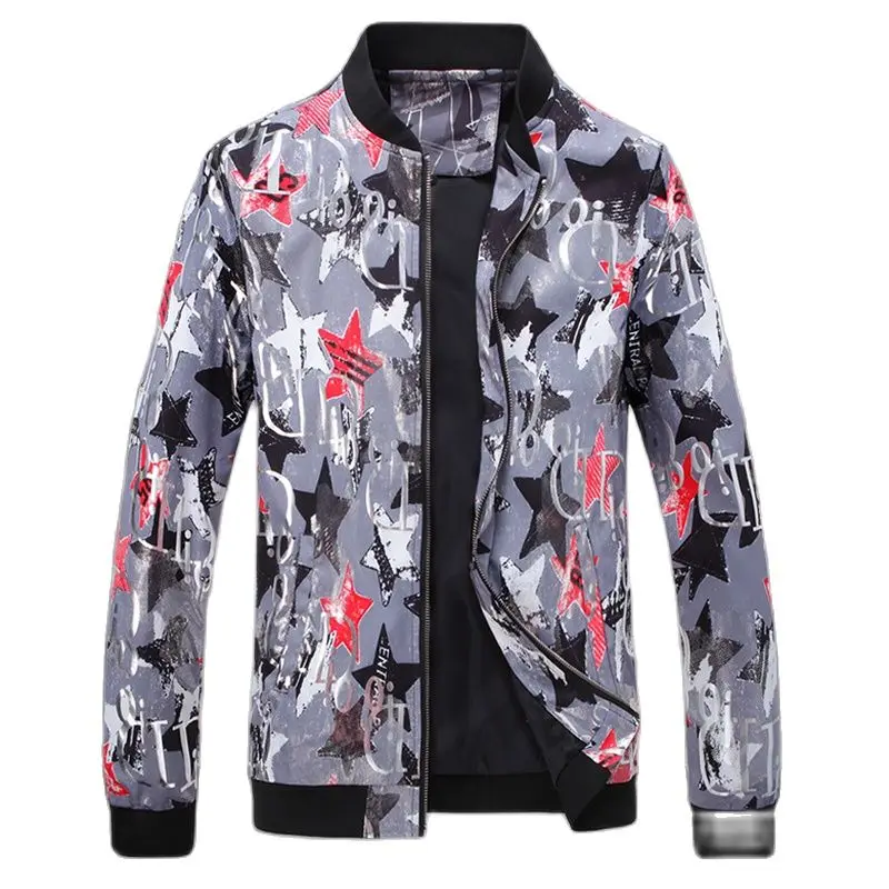 

Men's Jacket Autumn Autumn New Men's Printed Casual Jacket Plus-Size Jacket + Round Neck Zippered Door Pocket Trim In Six Color