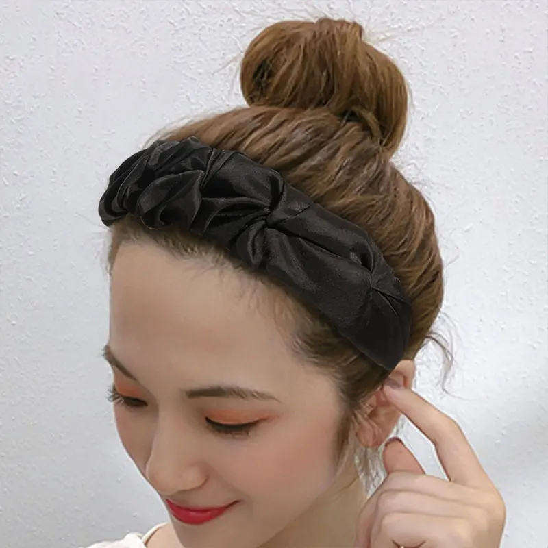 Однотонная женская повязка на голову модная атласная плетеная широкая