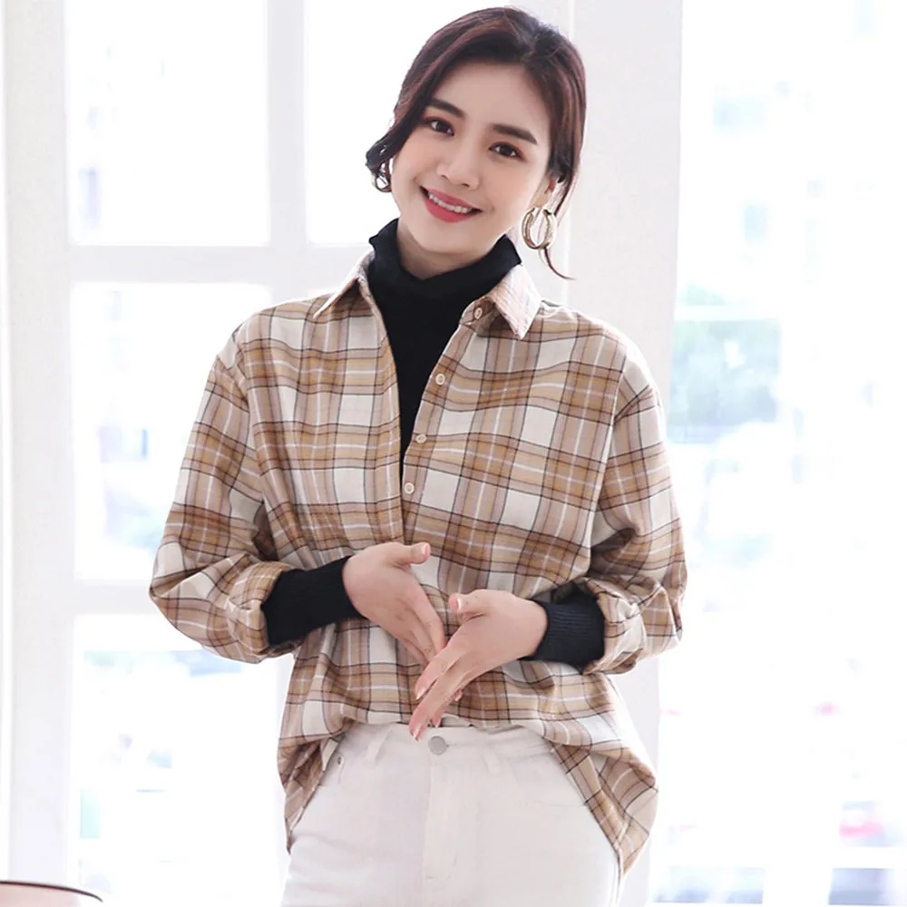 Женская фланелевая рубашка в клетку с длинным рукавом и отложным