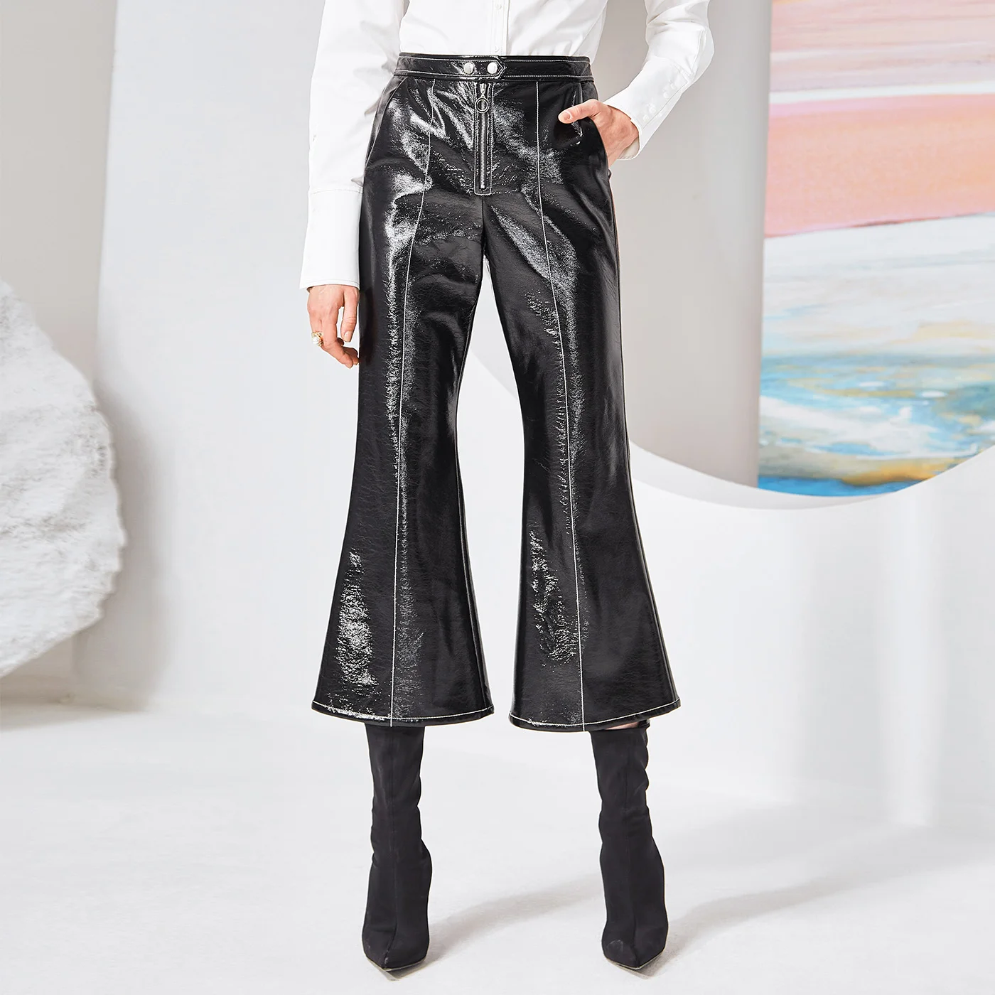 Fashion Shiny Leather Pants Glossy Fabric PU leather pants female high waist punk hip bag patent leather trousers wq439 dropship