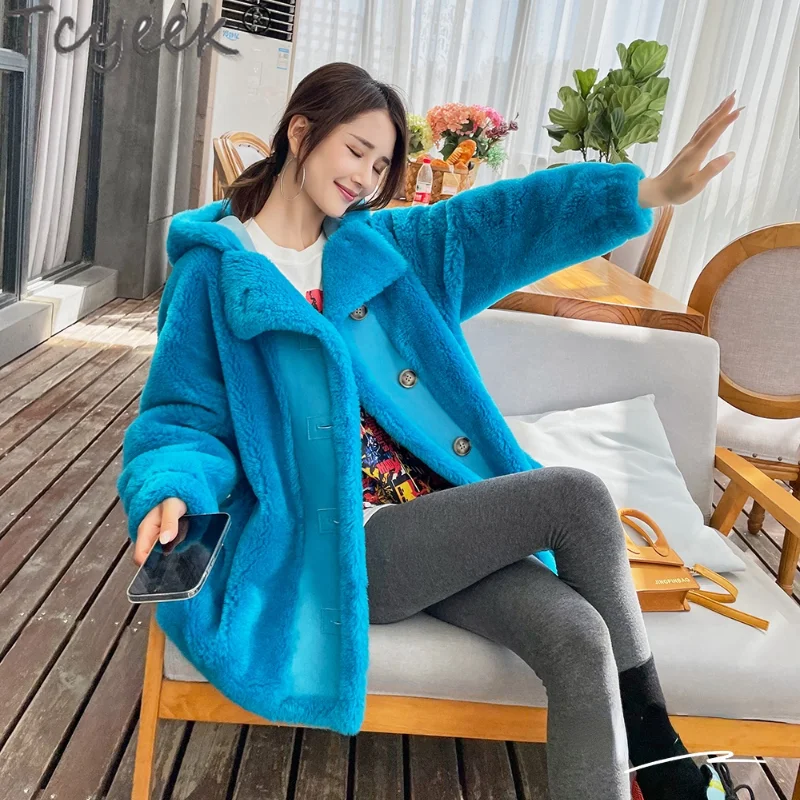 

Tcyeek 2021 Casual Real Alpaca Jacket Women Autumn Winter Fashion Hooded 100% Wool Coat Female Clothing Jaqueta Feminina Gxy1269