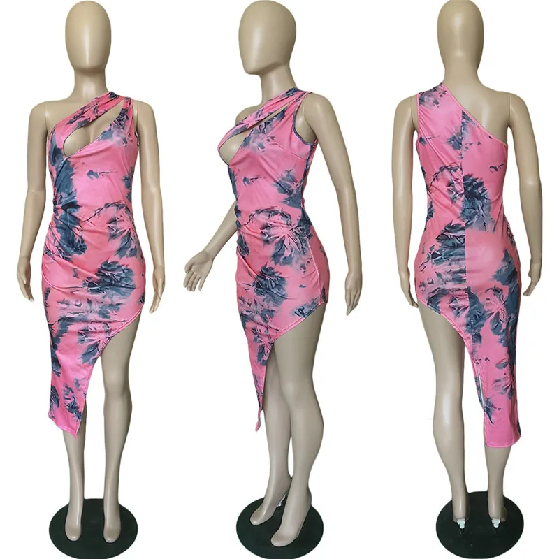 

Sexy One Shoulder Bodycon Summer Dress Women 2020 Tie Dye Print Hollow Out Elegant Asymmetrical Bandage Party Night Club Dresses