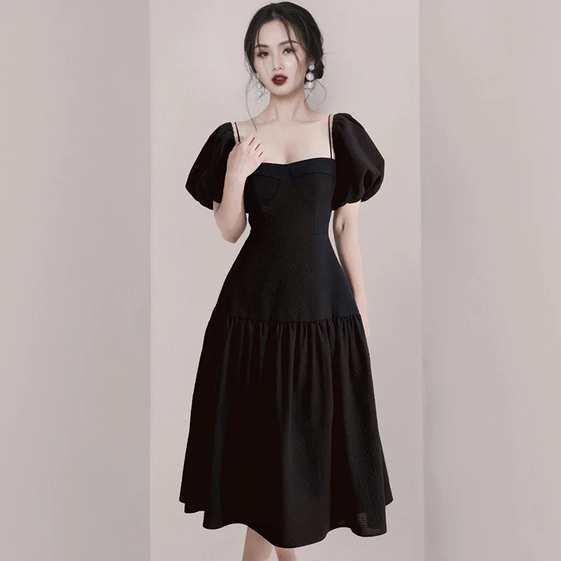 

Новинка 2021, модное черное летнее платье WTIANYUW для женщин, роскошная женская одежда с квадратным воротником и пышными рукавами и высокой тали...