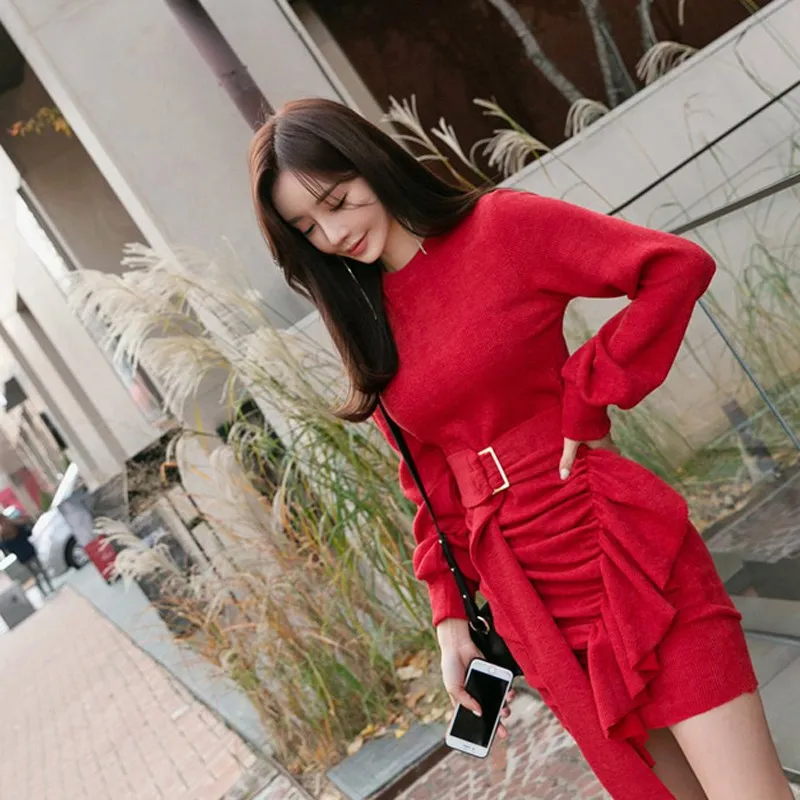 Осенне-зимнее женское офисное платье-карандаш с оборками Осеннее облегающее