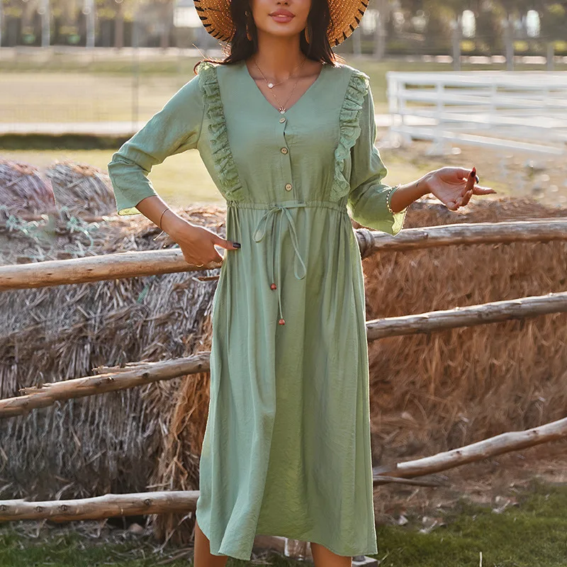 

Women's New Spring Casual Solid V-neck Long Sleeve Holiday Pullover Lace Long Dress