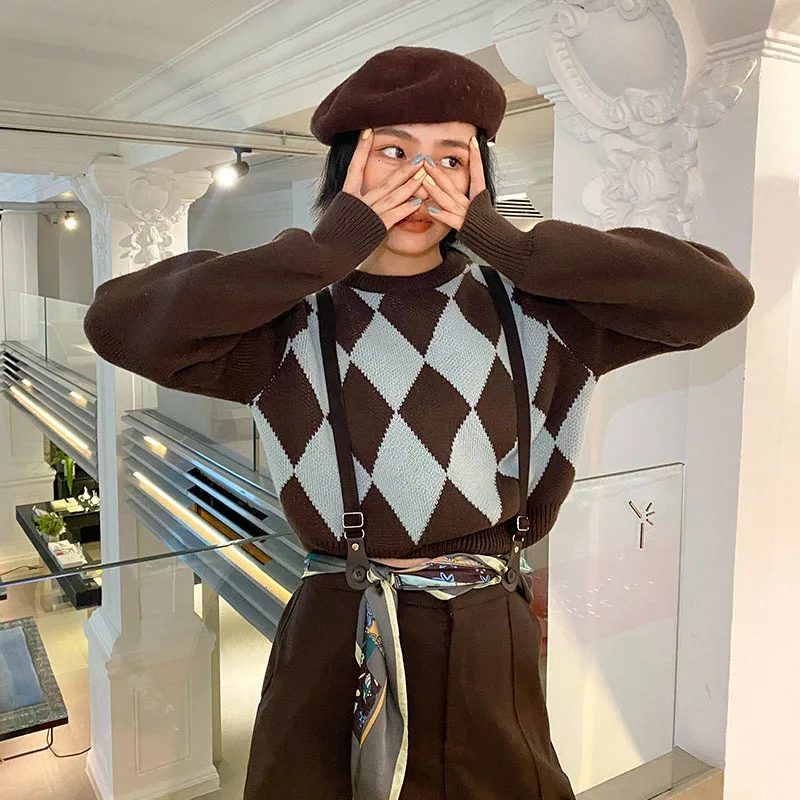 

Женский свитшот с длинным рукавом и ромбовидным узором, Y2k