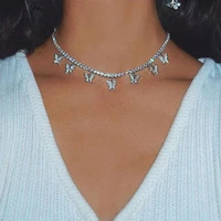 flatfoosie trendy bling crystal tennis chain choker necklace for women multilayer butterfly letter pendant necklace boho jewelry