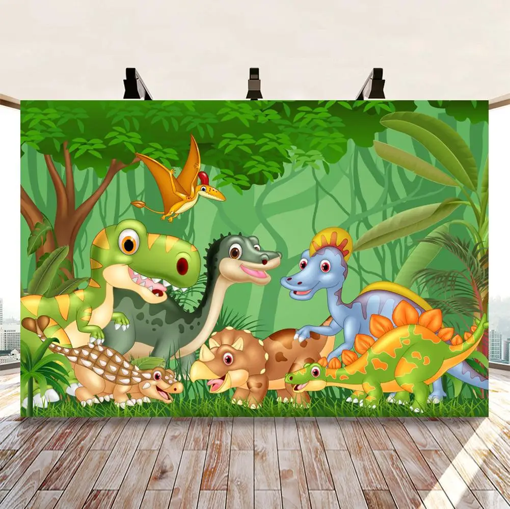 

Cartoon Dinosaur Backdrop Forest Jungle Tree Sky Kids Baby Birthday Custom Vinyl Photography Background For Photo Studio