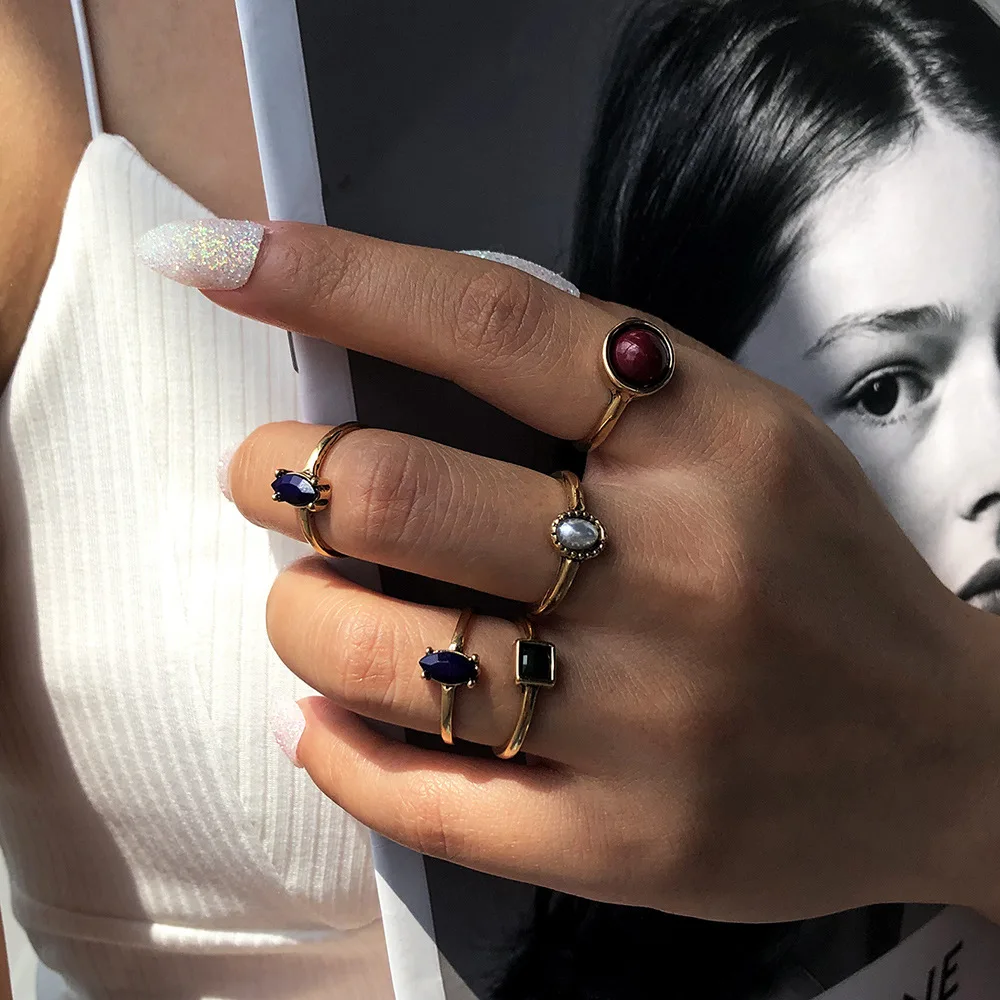 5 шт./компл. новые винтажные кольца из сплава и смолы геометрические многоцветные