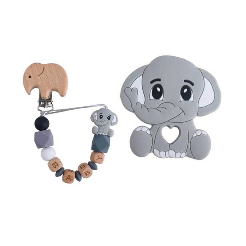 

Baby Personalized Rattles Set Animal Elephant Teether Wooden Pacifier Clip Holder Chain BPA Free Nursing Toys