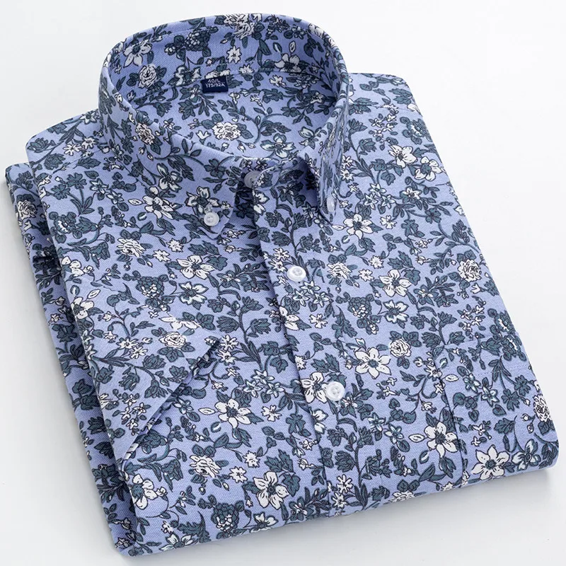 100% Cotton Men's Shirts Short-sleeve Summer Oxford Print Casual Luxury Floral Comfort Soft Slim Fit Single Pocket Plus Size Top