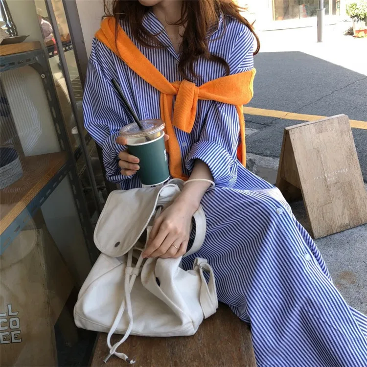 TVVOVVIN2020 New Spring Summer Lapel Stripe Long Shirt Dress Women Korea Loose Plus Size Casual Cotton Blouse Tide PD972 | Женская