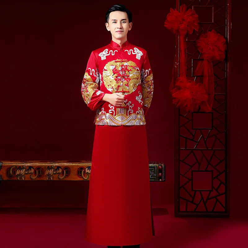 men red Китайское традиционное свадебное платье Cheongsam дракон феникс одежда Qipao вышивка красный атлас топы для женщин Золотая Парча Платье - Цвет: men red