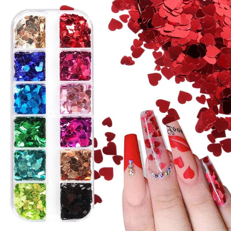 

12 Grids Nail Art Sequins Sweet Love Mixed size Hearts Shaped Glitter Flakes Nail Decorations Accessories Manicure Design