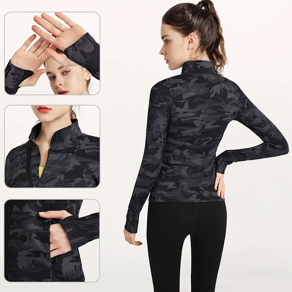 

Camo Sports Jacket with Thumb Hole Gym Fitness Sportswear Running Top Long Sleeved Outerwear Yoga Camouflage Bomber Jacket Women