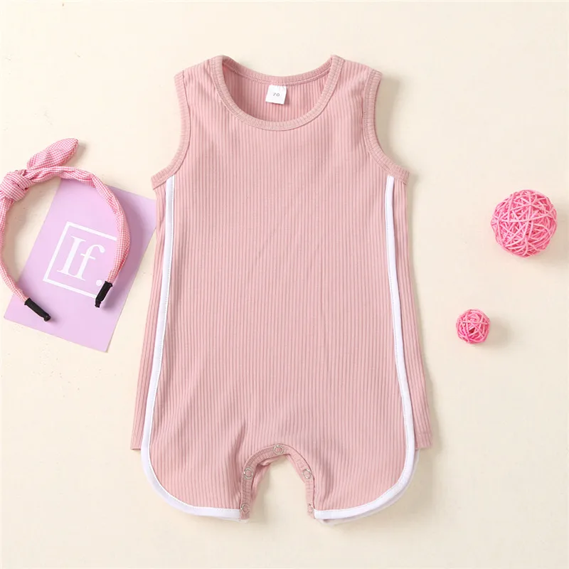 

2-7T Kids Baby Boys Girls Fashion Rompers, Splicing O-Neck Sleeveless Ribbed Jumpsuits with Sweet Crotch Buttons Summer