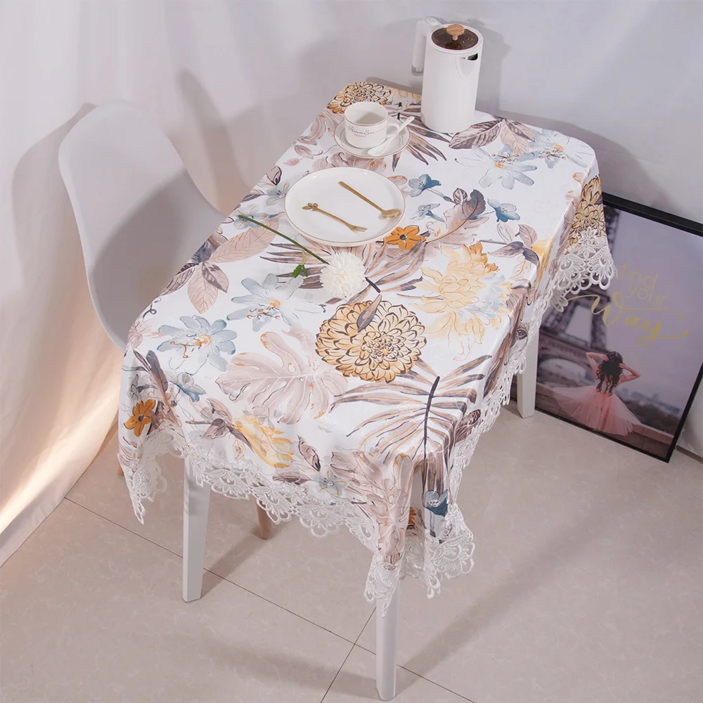 

European Jacquard Yellow Color Leaf Wedding Party Decorative Polyester Floral Tablecloth 100x140cm With Embroidered Lace Border