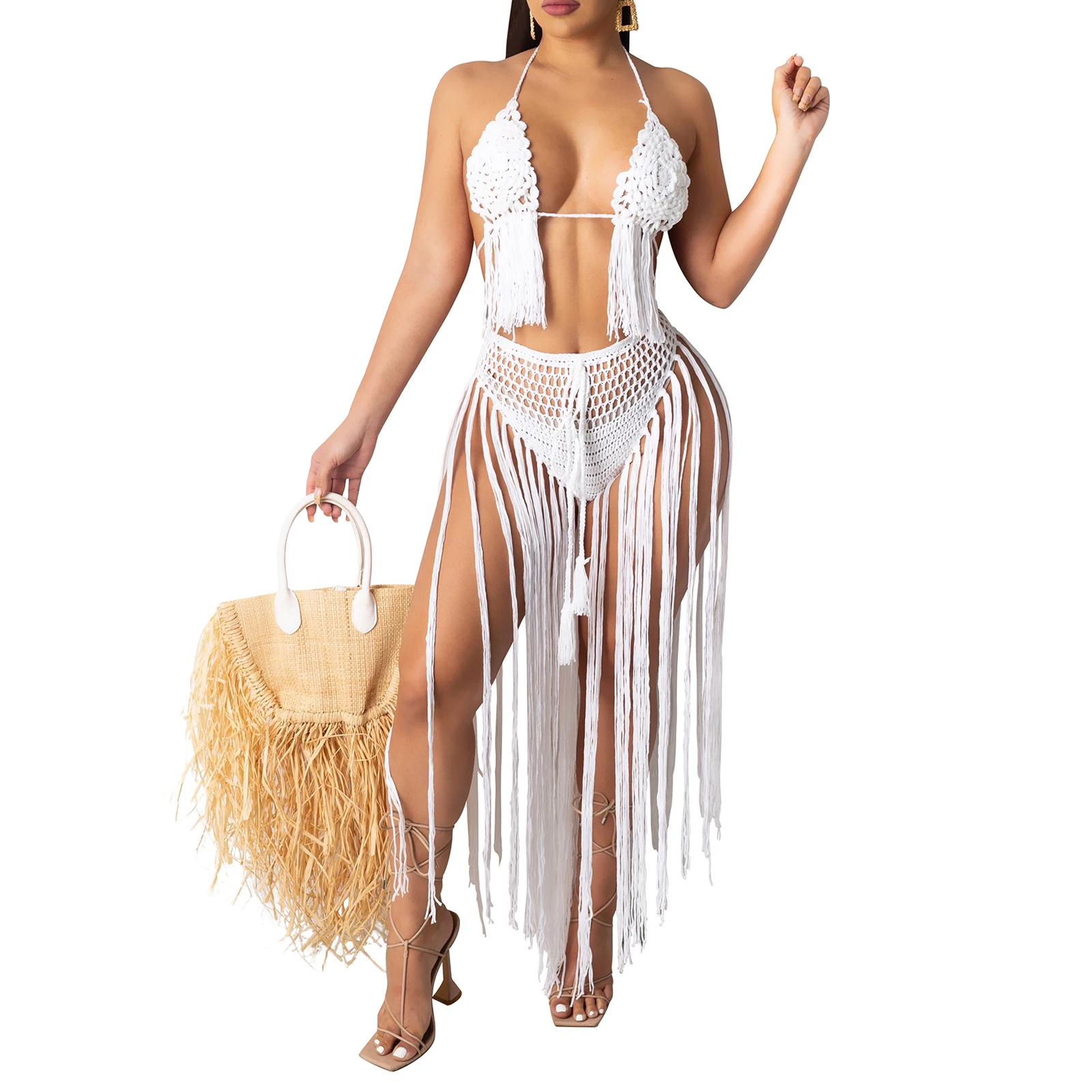 

Sexy Women Beach Halterneck Bikini Briefs Long Tassel Decoration, Hand-knitted Crochet Summer Clothing