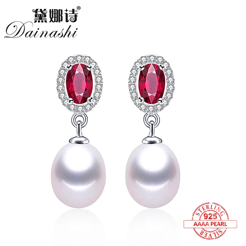 

Red Crystal High Luster Natural Freshwater Pearl Drop Earrings For Women Fashion 925 Silver Jewelry With Box