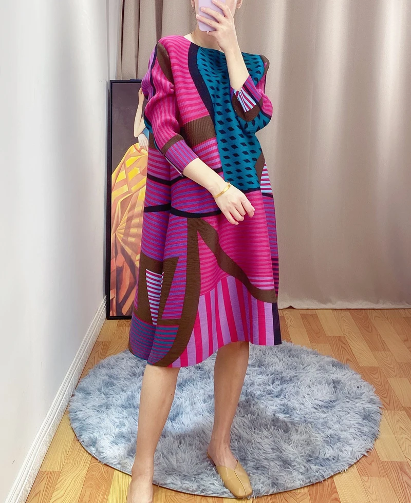 

New dresses for women in early autumn 2020 Miyak fold Fashion large size printed loose and thin silhouette A-line dress tied 789