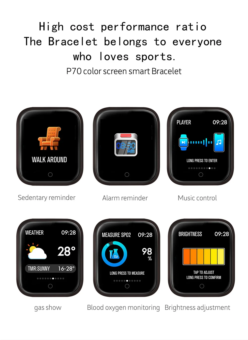 KIWITIME Smart Watch P70 Sports Bracelet Fitness Heart Rate Blood Pressure Monitor Women Smartwatch for Apple iPhone iOS Android