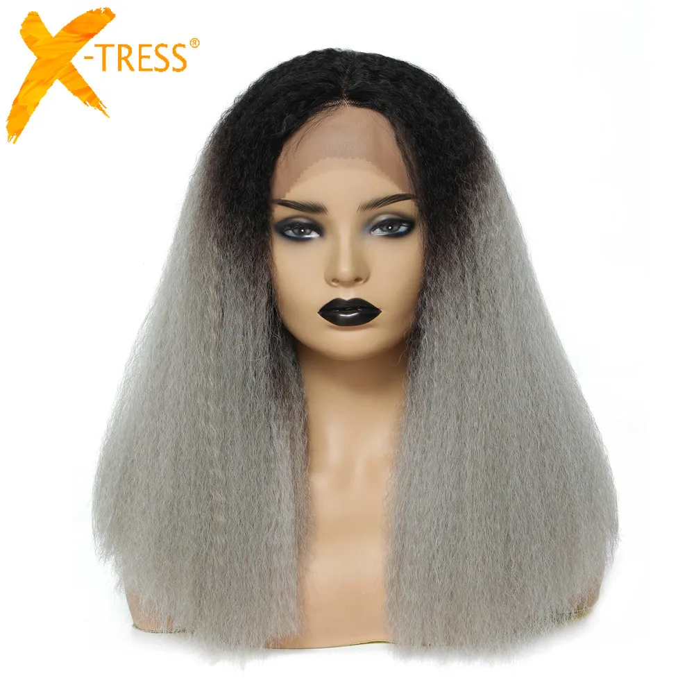 

Ombre Grey Colored Lace Front Wig With Baby Hair Messy Kinky Curly Medium Length Daily Use Hairpiece X-TRESS Synthetic Wigs