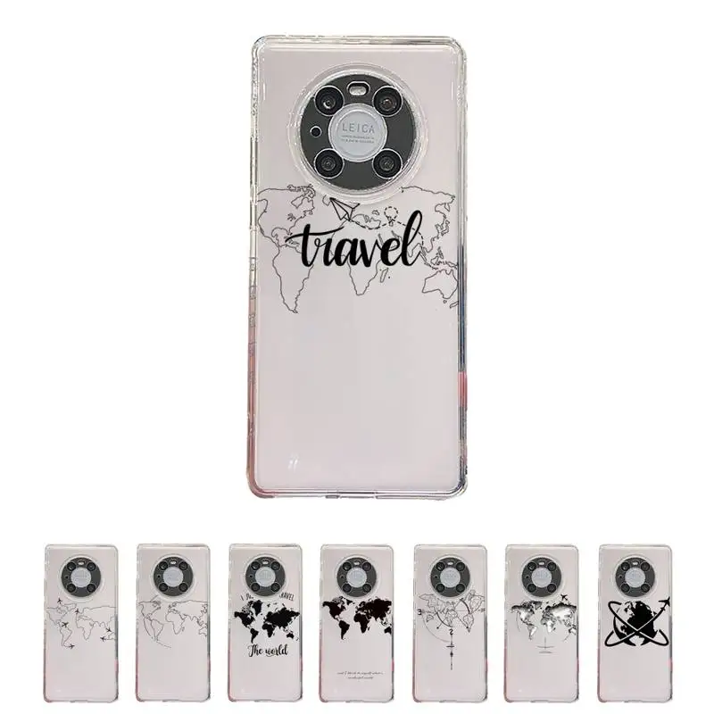 

travel Airplane world map line Phone Case Transparent For Huawei honor V 9 8 10 20 7 i S A C X pro lite play Clear Mobile bags