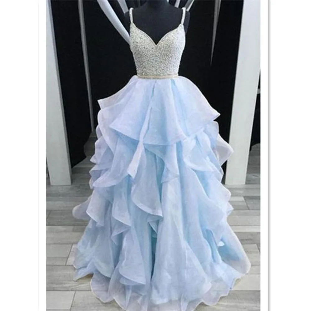 

2020 Fashion V Neck Champagne Long Prom Dresses Beading Bodice Sexy Backless Evening Dress Party Gown Vestido De Festa