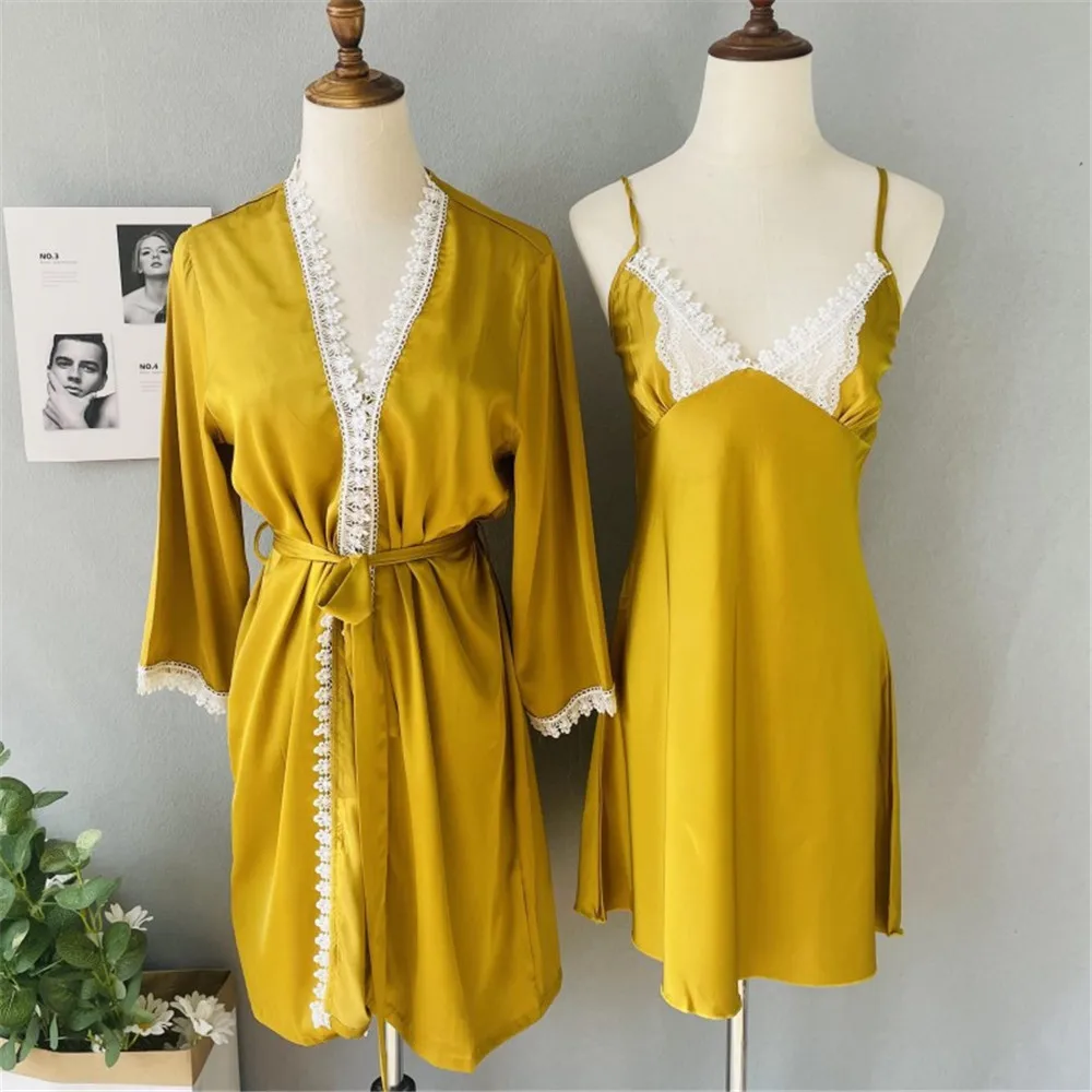 

Spring Autumn Sexy Embroidery Lace Trim Robe Nightdress 2PCS Sleepwear Homewear Kimono Bathrobe Gown Nightgown