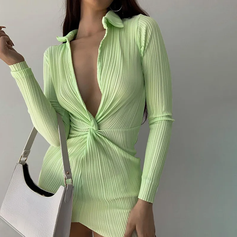 

Simple Solid Mini Dress Women Sexy Twist V Neck Cleavage Skirt Ruched Casual Streetwear Bodycon Club Dress Hipster Robe Lounge