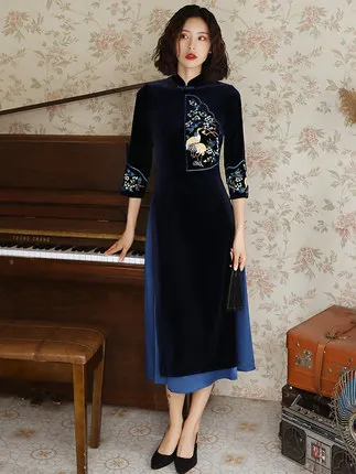Синее бархатное длинное платье qipao Vietnam ao dai с вышивкой|qipao styles|cheongsam stylecheongsam |
