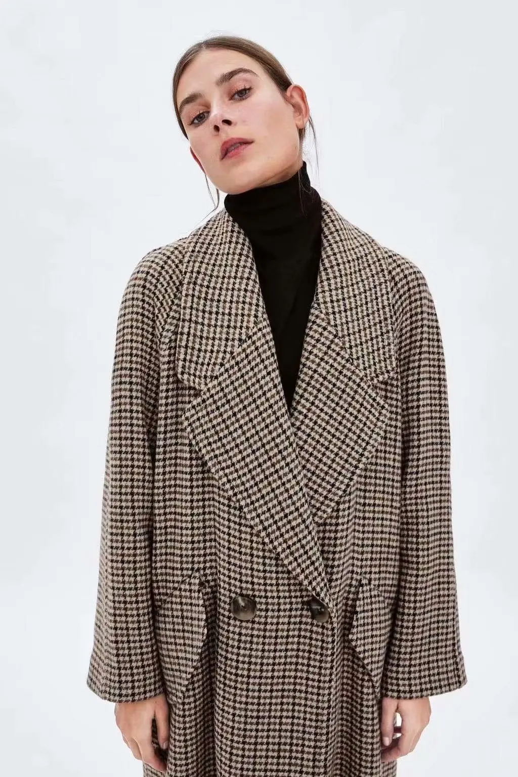 Women Classic Lattice Winter Overcoat Lapel Double Breasted Woolen Long Coat