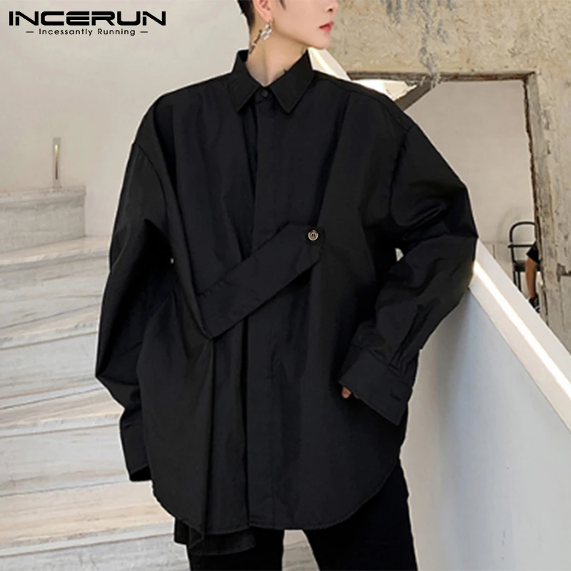 

Fashion Men Casual Shirt Solid Color Personality Lapel Long Sleeve Streetwear Men Clothing Button 2021 Loose Camisas INCERUN 5XL