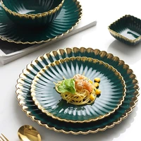 green gilt rim plate set ceramic kitchen plate tableware set food dishes rice salad noodles bowl soup kitchen cook tool 1pc