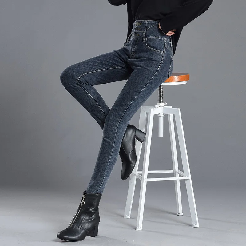 Зимние женские джинсы размера плюс теплые эластичные узкие брюки с высокой
