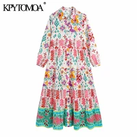kpytomoa women 2021 fashion totem print ruffled midi shirt dress vintage three quarter sleeve button up female dresses vestidos